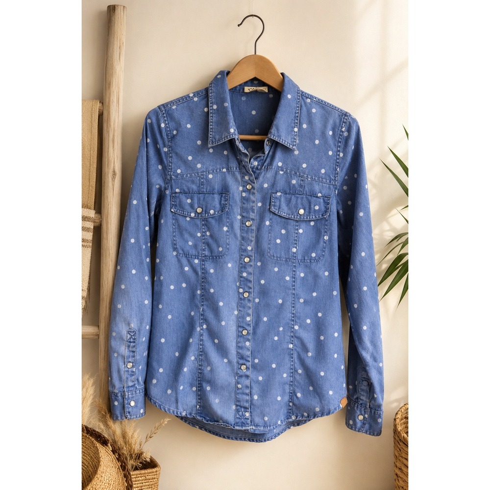 Roxy Women Blue Polka Dot Denim Snap Front Western Shirt Long Sleeve Medium